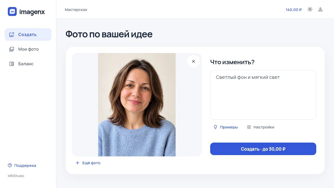 Мастерская ImagenX на компьютере: крупное фото слева, описание и кнопка создания справа